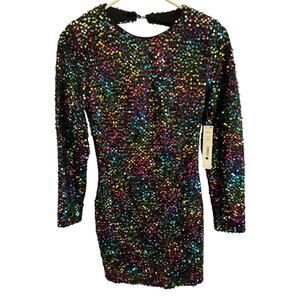 Aqua Rainbow Sequin Mini Dress Open Back Medium NWT